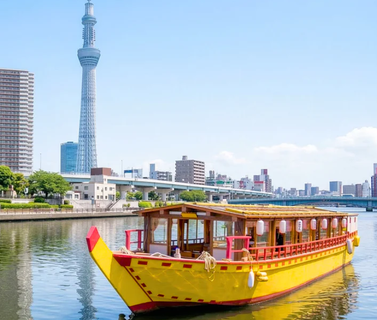 東京スカイツリーを望む隅田川2.5時間クルーズ！もんじゃ食べ放題×国産牛ステーキの贅沢ランチ体験『江戸前汽船 もんじゃ屋形船』の画像