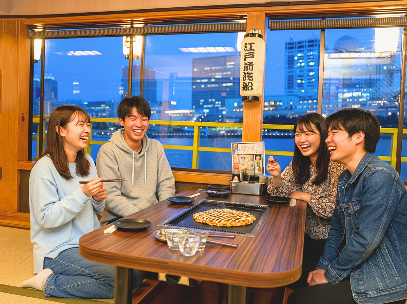東京スカイツリーを望む隅田川2.5時間クルーズ！もんじゃ食べ放題×国産牛ステーキの贅沢ランチ体験『江戸前汽船 もんじゃ屋形船』の画像